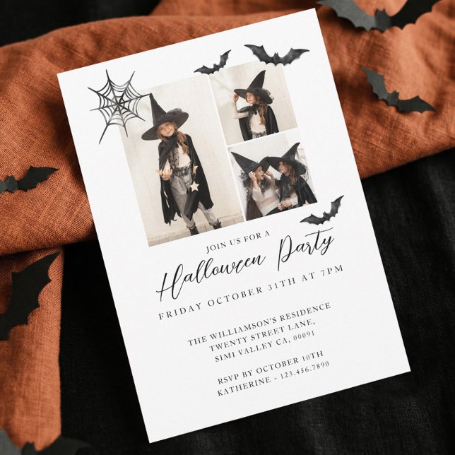 Minimal tre fototalg Fladdermöss Halloween fest Inbjudningar (Minimalist Kid Photo Spooky Bat Halloween Party Invitation)