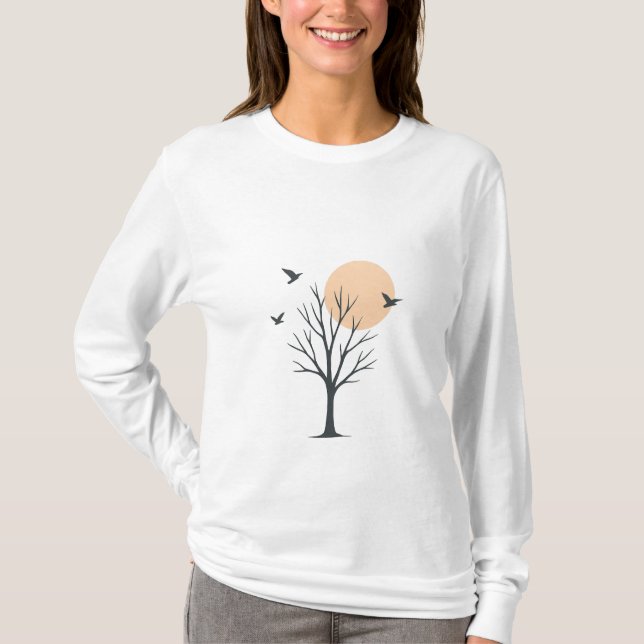 Minimal Tree & Birds Sunset Women’s T-Shirt (Framsida)