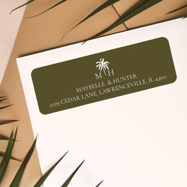 Minimal Tropical Handflatan Träd Monogram Returadress Etikett (Minimal Tropical Palm Tree Monogram Label)