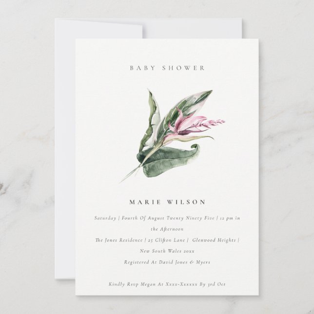 Minimal Tropical Leafy Rosa Blommigt Baby Shower Inbjudningar (Framsida)