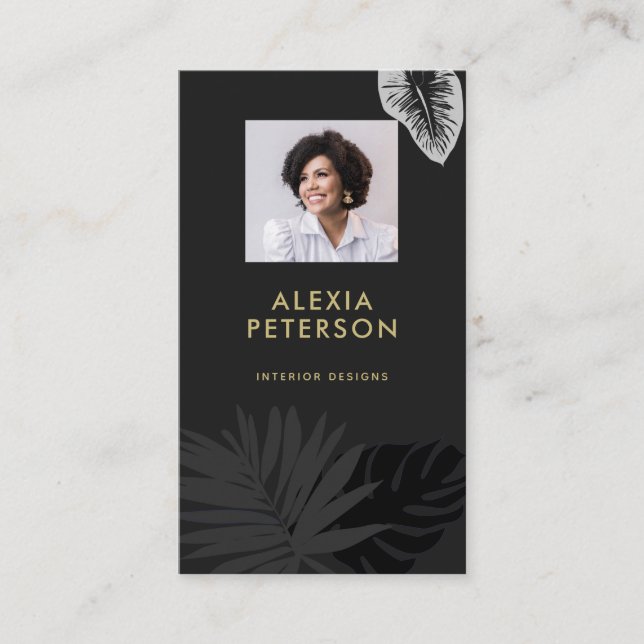 Minimal Tropical Modern Corporate Black Guld Photo Visitkort (Framsida)