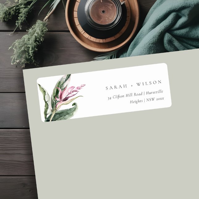 Minimal Tropical Rosa Grönt Leafy Blommigt Adress Returadress Etikett (Skapare uppladdad)