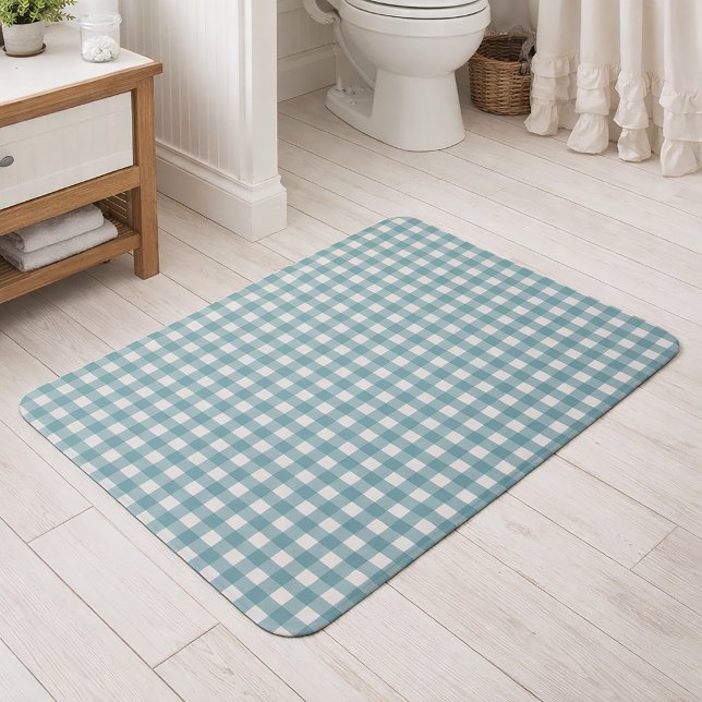 Minimal turkos och vit gingham-rutig mönster badrumsmatta (A bathmat with a teal and white gingham pattern)