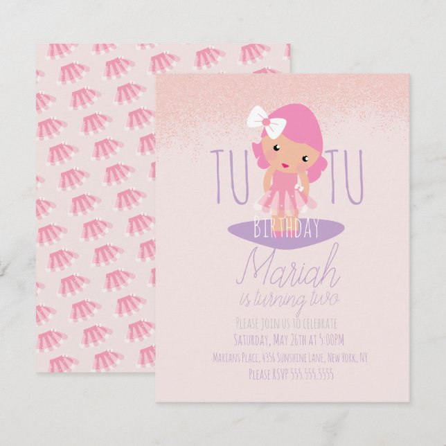Minimal Tutu Flickas Födelsedagskort Cartoon Rosa  Inbjudningar (Fram/baksida)