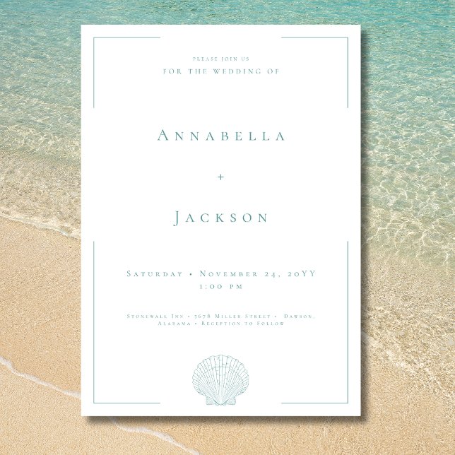 Minimal typografi Aqua & Vit Skal Bröllop Inbjudningar (Minimal Typography Aqua White Shell Wedding Invitation)
