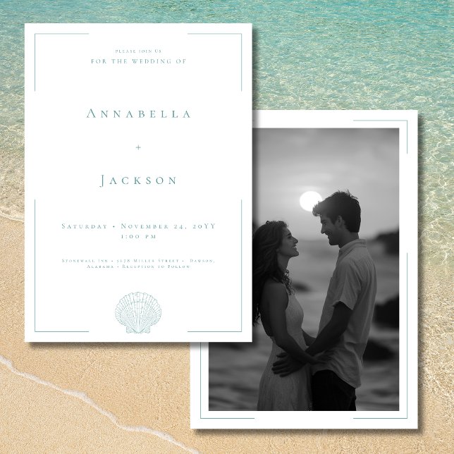 Minimal typografi Aqua Vit Skal Foto Bröllop Inbjudningar (Minimal Typography Aqua White Shell Photo Wedding Invitation)