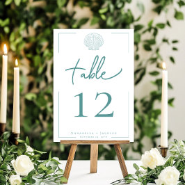 Minimal typografi Aqua & White Seashell Bröllop Bordsnummer