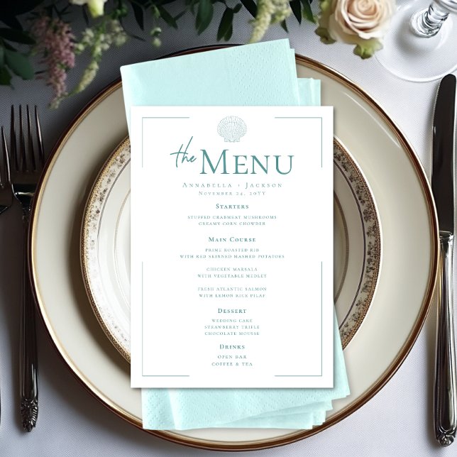 Minimal typografi Aqua & White Seashell Bröllop Meny (Minimal Typography Aqua & White Seashell Wedding Menu)