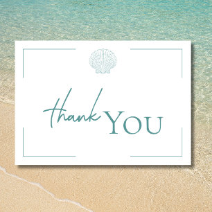 Minimal typografi Aqua & White Seashell Bröllop Tack Kort