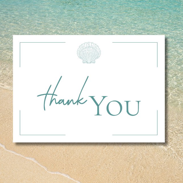 Minimal typografi Aqua & White Seashell Bröllop Tack Kort (Minimal Typography Aqua & White Seashell Wedding Thank You Card)
