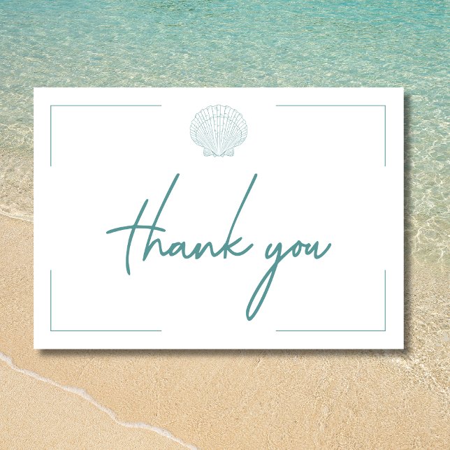 Minimal typografi Aqua & White Seashell Bröllop Tack Kort (Minimal Typography Aqua & White Seashell Wedding Thank You Card)