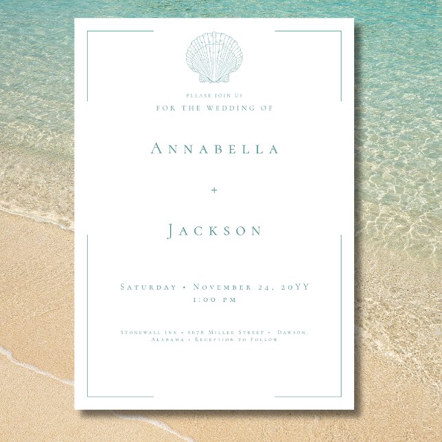 Minimal typografi Aqua & White Snäcka Bröllop Inbjudningar (Minimal Typography Aqua White Shell Wedding Invitation)