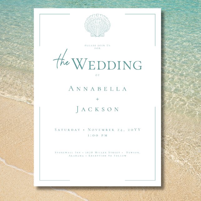 Minimal typografi Aqua & White Snäcka Bröllop Inbjudningar (Minimal Typography Aqua White Shell Wedding Invitation)