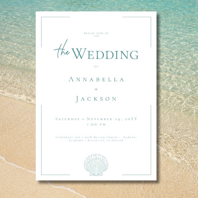 Minimal typografi Aqua & White Snäcka Bröllop Inbjudningar (Minimal Typography Aqua White Shell Wedding Invitation)