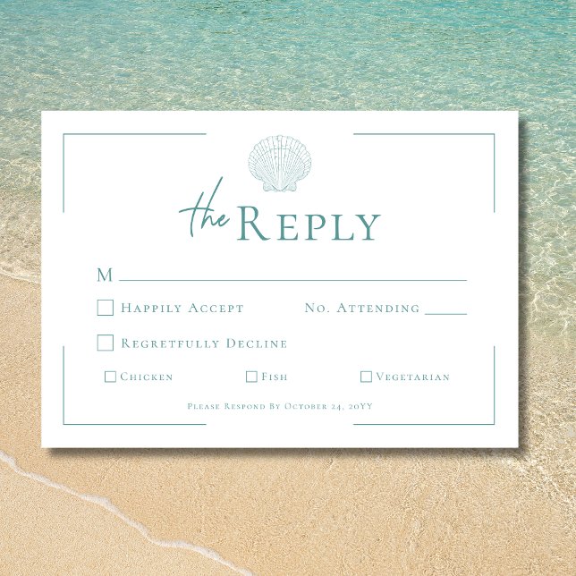 Minimal typografi Aqua & White Snäcka Bröllop OSA Kort (Minimal Typography Aqua & White Shell Wedding RSVP Card)