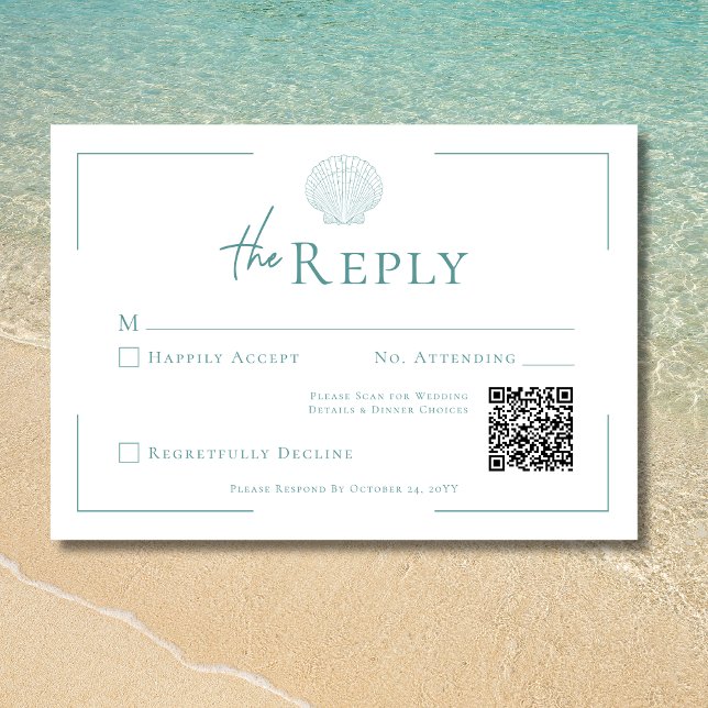 Minimal typografi Aqua & White Snäcka Bröllop OSA Kort (Minimal Typography Aqua & White Shell Wedding RSVP Card)