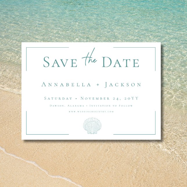 Minimal typografi Aqua & White Snäcka Bröllop Spara Datumet (Minimal Typography Aqua White Shell Wedding Save The Date)