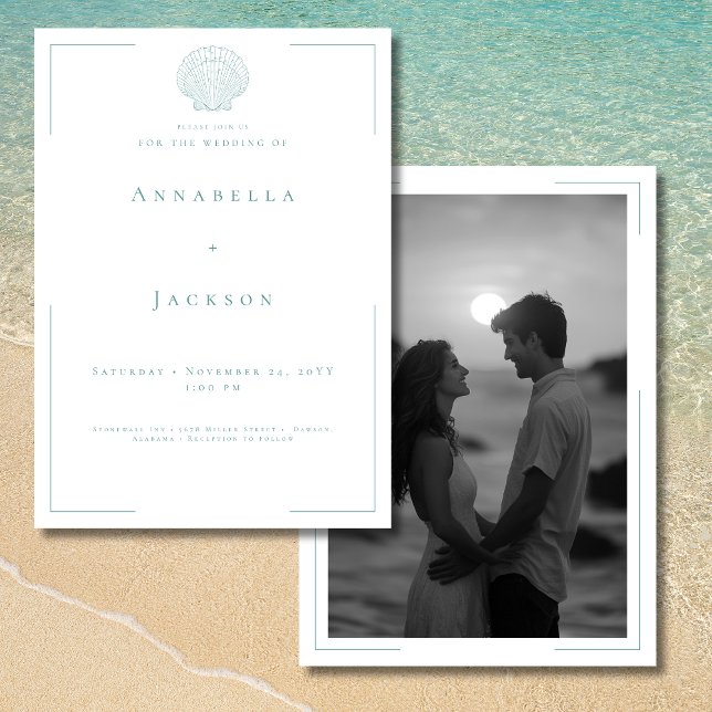 Minimal typografi Aqua White Snäcka Photo Bröllop Inbjudningar (Minimal Typography Aqua White Shell Photo Wedding Invitation)