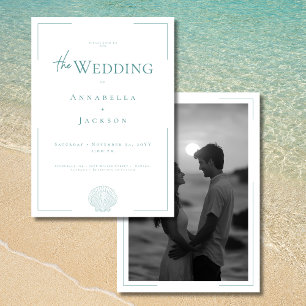 Minimal typografi Aqua White Snäcka Photo Bröllop Inbjudningar