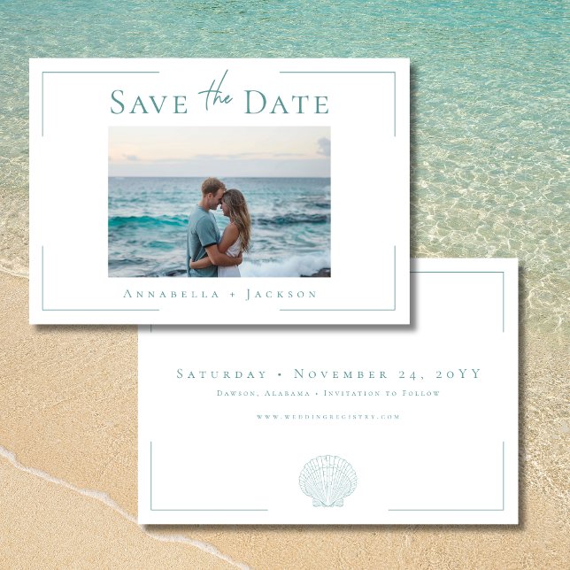 Minimal typografi Aqua White Snäcka Photo Bröllop Spara Datumet (Minimal Typography Aqua White Shell Photo Wedding Save The Date)