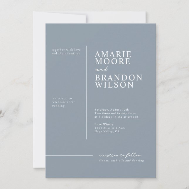Minimal typografi - inbjudan till Dusty Blue Weddi (Framsida)