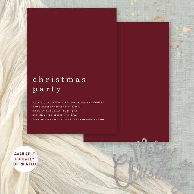 Minimal typografi Jul Party Burgundy Inbjudningar (Frotn and back view. Available digitally or printed.)