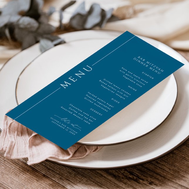 Minimal typografi Navy Blue Pub Mitzvah Menu Meny (Skapare uppladdad)