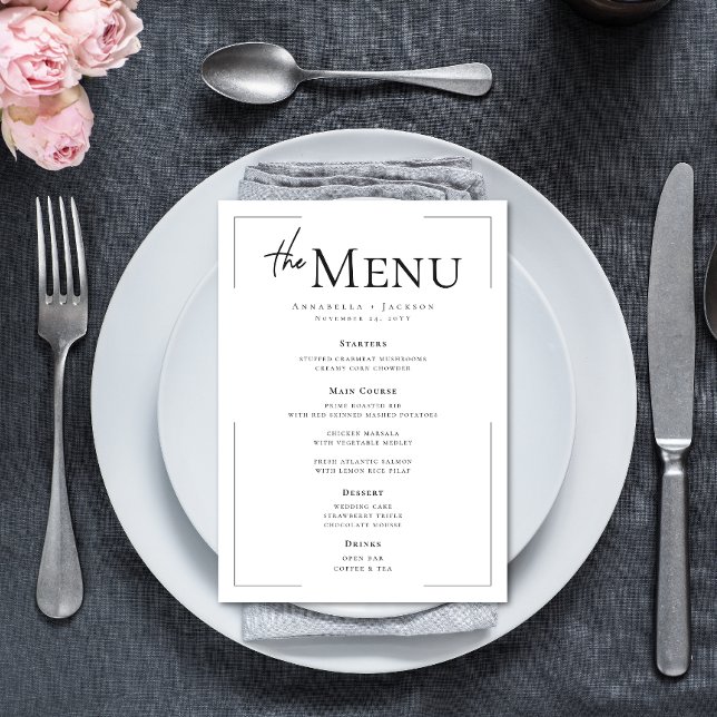 Minimal typografi, svart och vit Bröllop Meny (Minimal Typography Black & White Wedding Menu)