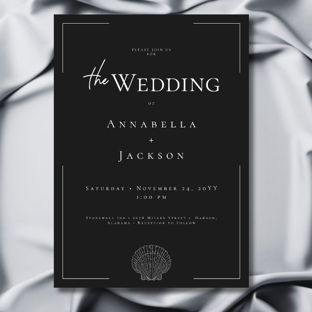 Minimal typografi, svart och vit Snäcka Bröllop Inbjudningar (Minimal Typography Black & White Shell Wedding Invitation)