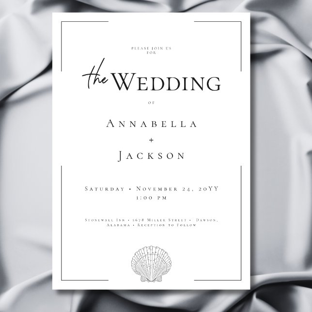 Minimal typografi, svart och vit Snäcka Bröllop Inbjudningar (Minimal Typography Black & White Shell Wedding Invitation)
