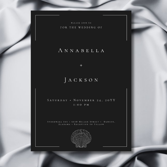 Minimal typografi, svart och vit Snäcka Bröllop Inbjudningar (Minimal Typography Black & White Shell Wedding Invitation)