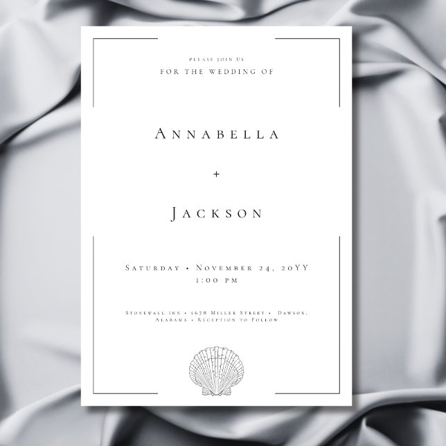 Minimal typografi, svart och vit Snäcka Bröllop Inbjudningar (Minimal Typography Black & White Shell Wedding Invitation)