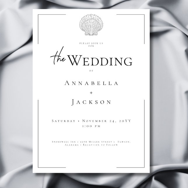 Minimal typografi, svart och vit Snäcka Bröllop Inbjudningar (Minimal Typography Black & White Shell Wedding Invitation)