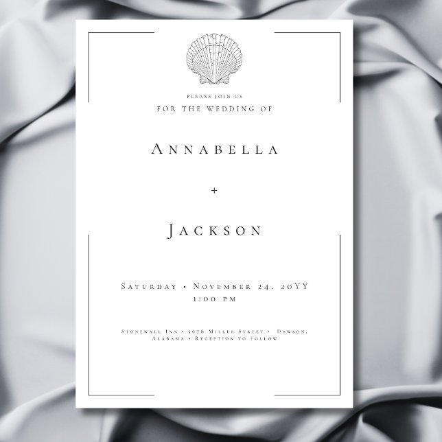 Minimal typografi, svart och vit Snäcka Bröllop Inbjudningar (Minimal Typography Black & White Shell Wedding Invitation)