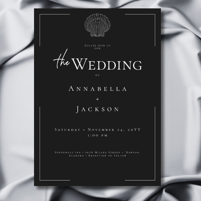 Minimal typografi, svart och vit Snäcka Bröllop Inbjudningar (Minimal Typography Black & White Shell Wedding Invitation)