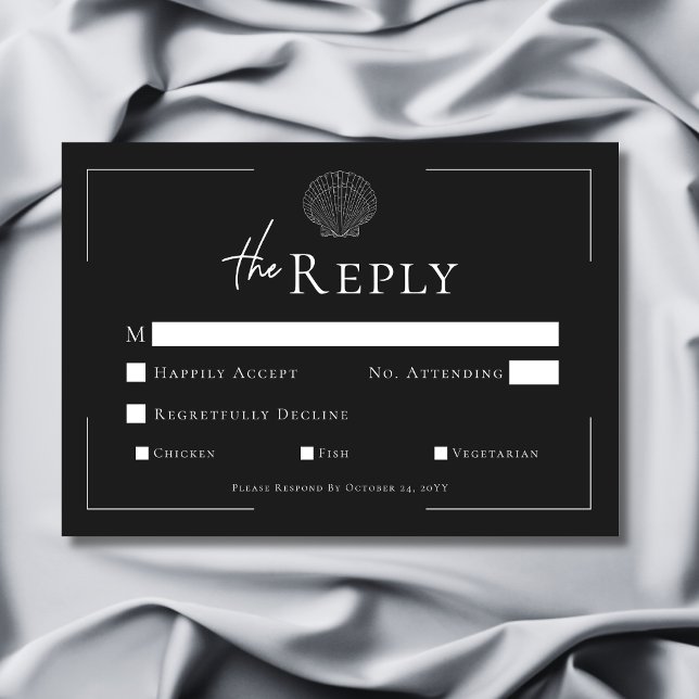 Minimal typografi, svart och vit Snäcka Bröllop OSA Kort (Minimal Typography Black & White Shell Wedding RSVP Card)