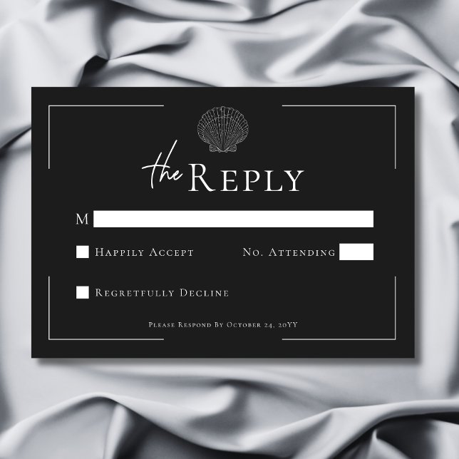 Minimal typografi, svart och vit Snäcka Bröllop OSA Kort (Minimal Typography Black & White Shell Wedding RSVP Card)