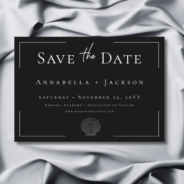 Minimal typografi, svart och vit Snäcka Bröllop Spara Datumet (Minimal Typography Black & White Shell Wedding Save The Date)