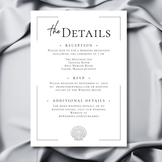 Minimal typografi, svart och vit Snäcka Bröllop Tilläggskort (Minimal Typography Black & White Shell Wedding Details Enclosure Card)