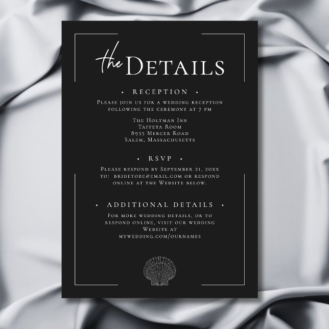 Minimal typografi, svart och vit Snäcka Bröllop Tilläggskort (Minimal Typography Black & White Shell Wedding Enclosure Card)
