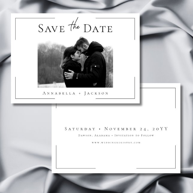 Minimal typografi, svart och vitt foto Bröllop Spara Datumet (Minimal Typography Black & White Photo Wedding Save The Date)