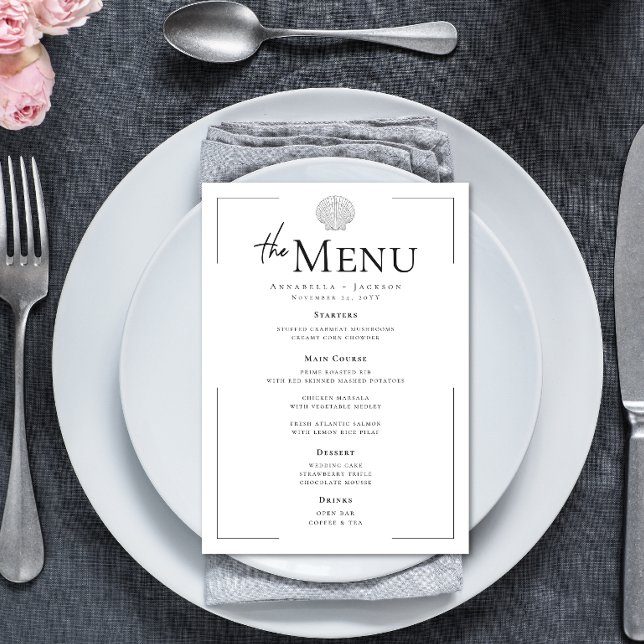Minimal typografi, svart och vitt sjögränssnitt Br Meny (Minimal Typography Black & White Seashell Wedding Menu)