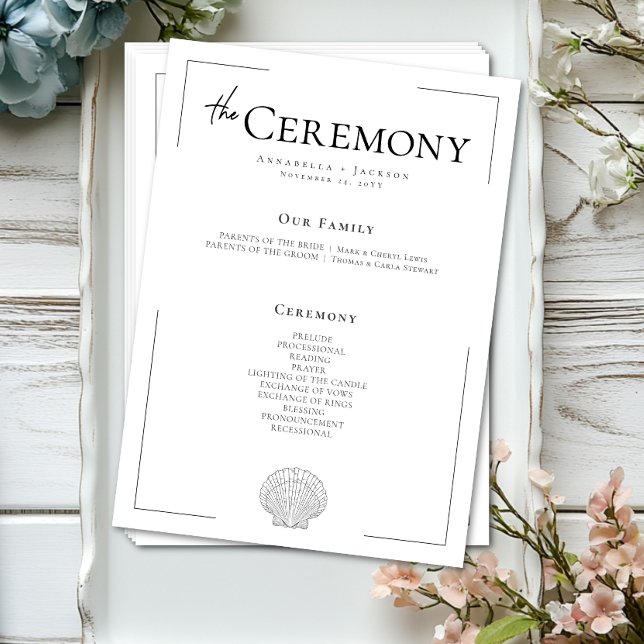 Minimal typografi, svart och vitt sjögränssnitt Br Program (Minimal Typography Black & White Seashell Wedding Program)