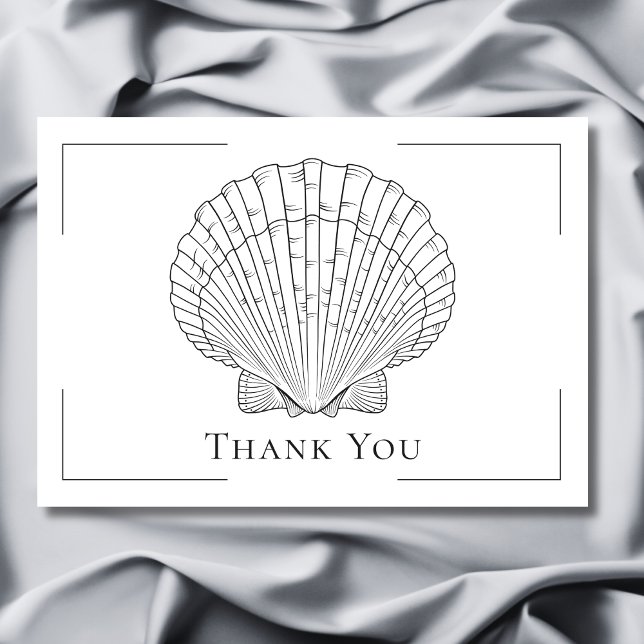Minimal typografi, svart och vitt sjögränssnitt Br Tack Kort (Minimal Typography Black & White Seashell Wedding Thank You Card)