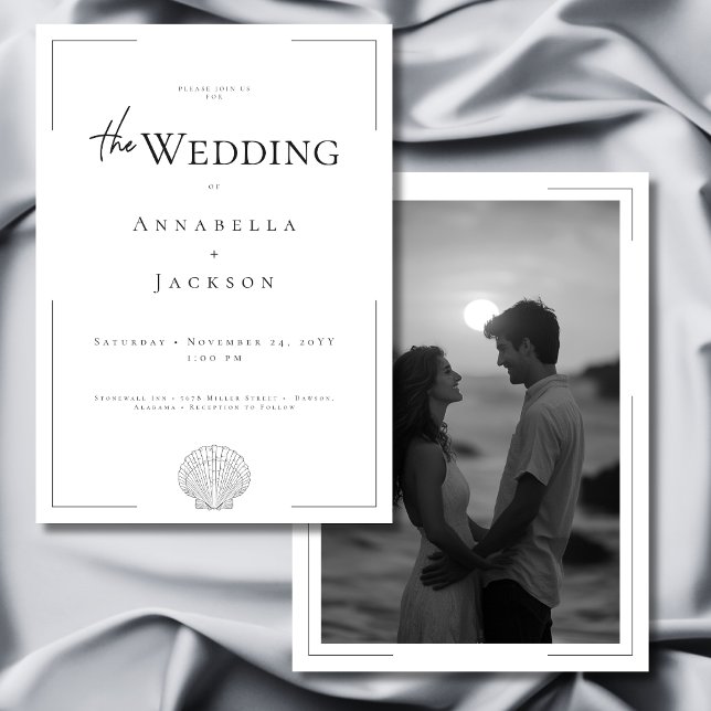 Minimal typografi, svart vit Snäcka, foto Bröllop Inbjudningar (Minimal Typography Black White Shell Photo Wedding Invitation)