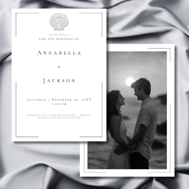 Minimal typografi, svart vit Snäcka, foto Bröllop Inbjudningar (Minimal Typography Black White Shell Photo Wedding Invitation)