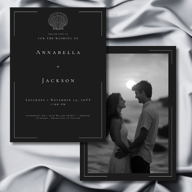 Minimal typografi, svart vit Snäcka, foto Bröllop Inbjudningar (Minimal Typography Black White Shell Photo Wedding Invitation)