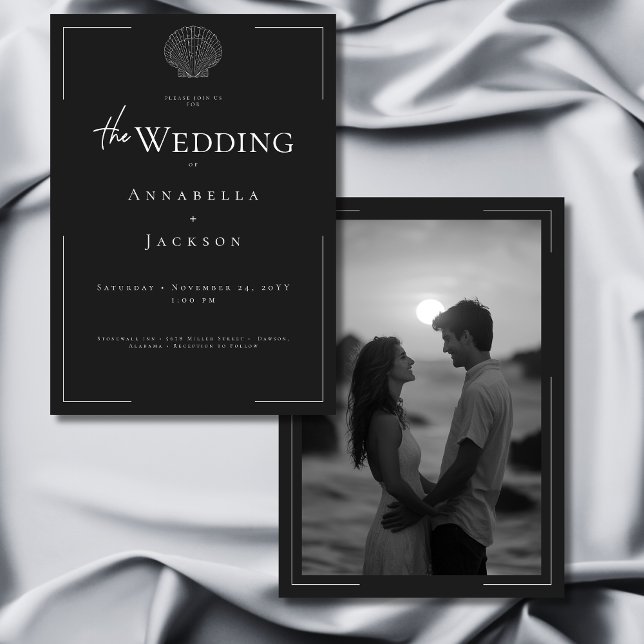 Minimal typografi, svart vit Snäcka, foto Bröllop Inbjudningar (Minimal Typography Black White Shell Photo Wedding Invitation)