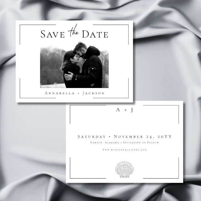Minimal typografi, svart vit Snäcka, foto Bröllop Spara Datumet (Minimal Typography Black White Shell Photo Wedding Save The Date)