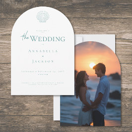 Minimal Typography Aqua White Shell Photo Wedding Inbjudningar
